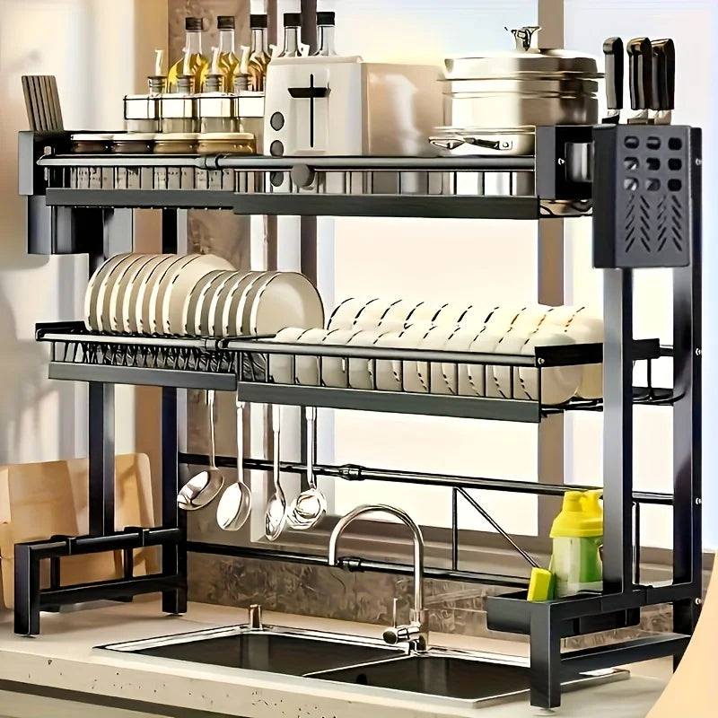Égouttoir de Vaisselle Extensible 2 Niveaux en Métal Noir – Support Réglable avec Range-Couverts pour Évier