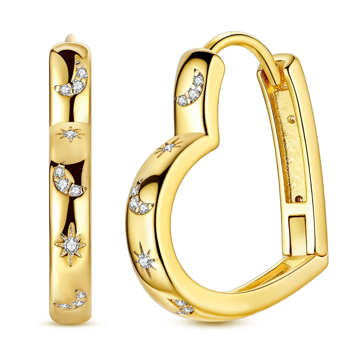 Boucles d’Oreilles Cercle en Argent 925 Plaqué Or – Motifs Soleil, Lune et Cœur pour Femme