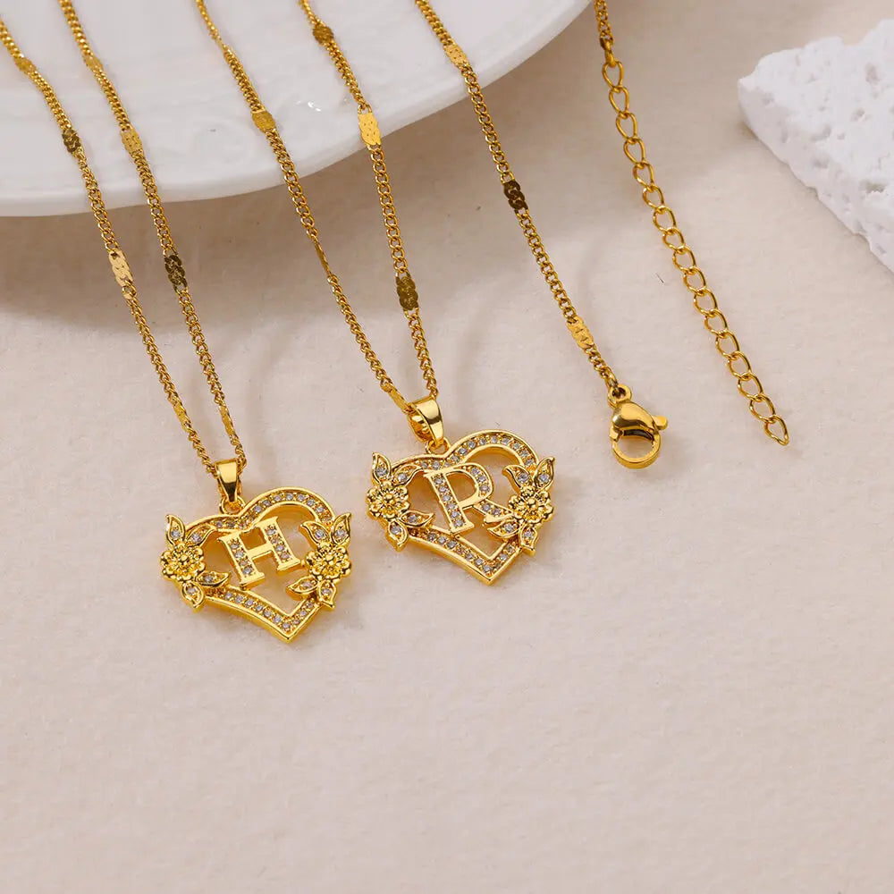Initial Heart Flower Zircon Necklace – Gold Plated Stainless Steel, Elegant and Personalized Jewelry for Women