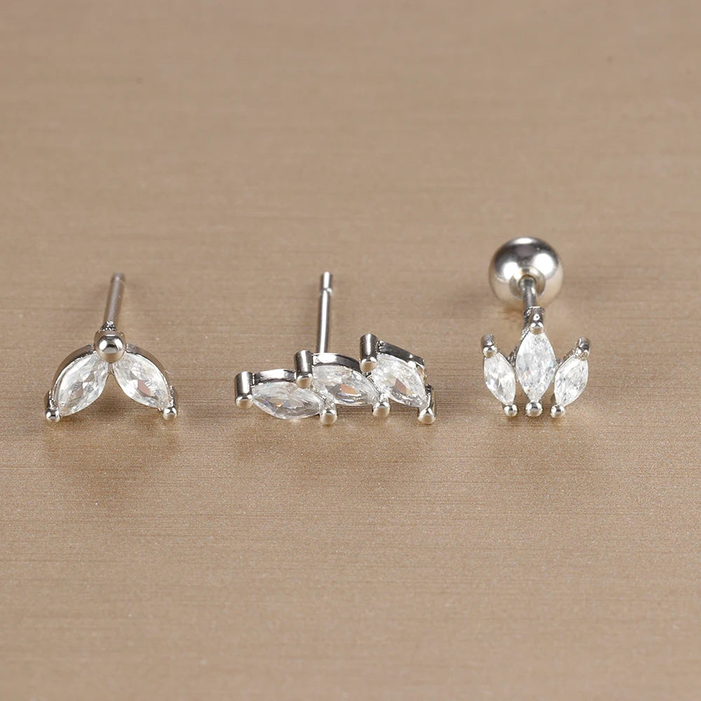 Set de 3 Boucles d’Oreilles Puces Couronne – Plaqué Or 14K avec Cristaux Zircon pour Femme