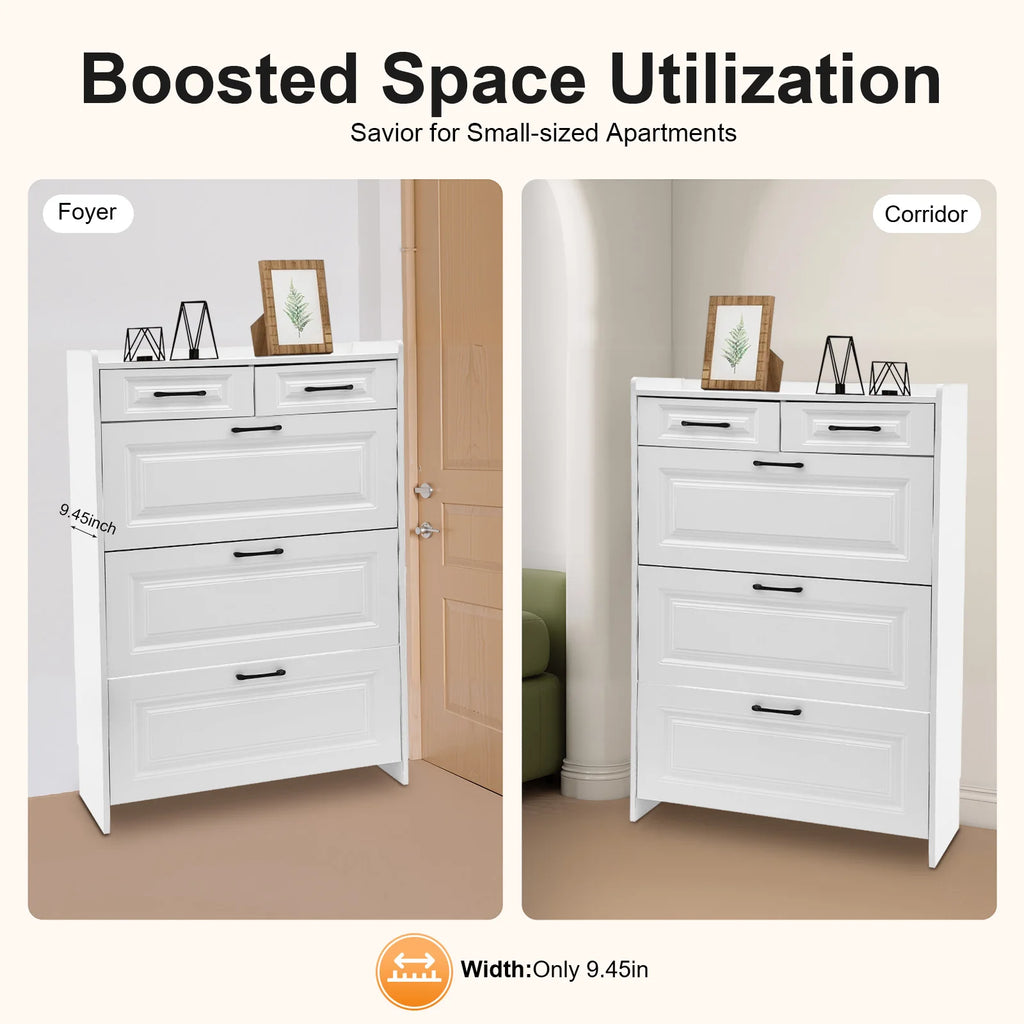 Meuble à Chaussures Étroit à Abattants – 3 Tiroirs Basculants + 2 Tiroirs Supplémentaires pour Entrée & Couloir