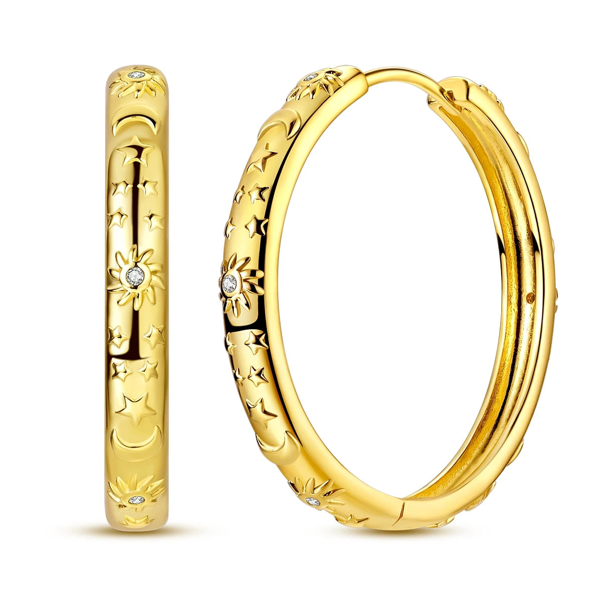 Boucles d’Oreilles Cercle en Argent 925 Plaqué Or – Motifs Soleil, Lune et Cœur pour Femme