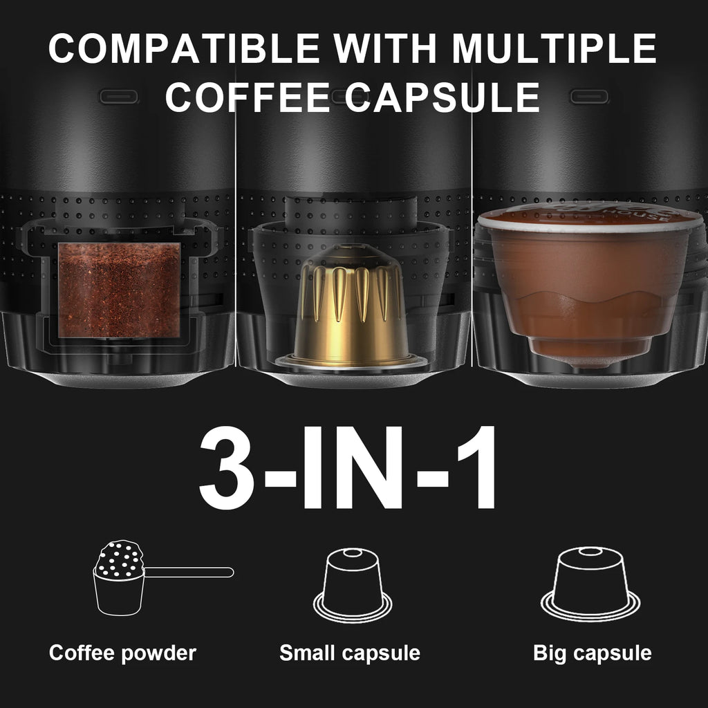 Machine à Espresso Portable Sans Fil 3-en-1 – Capsules & Café Moulu, Chauffage Intégré (20 Bar)