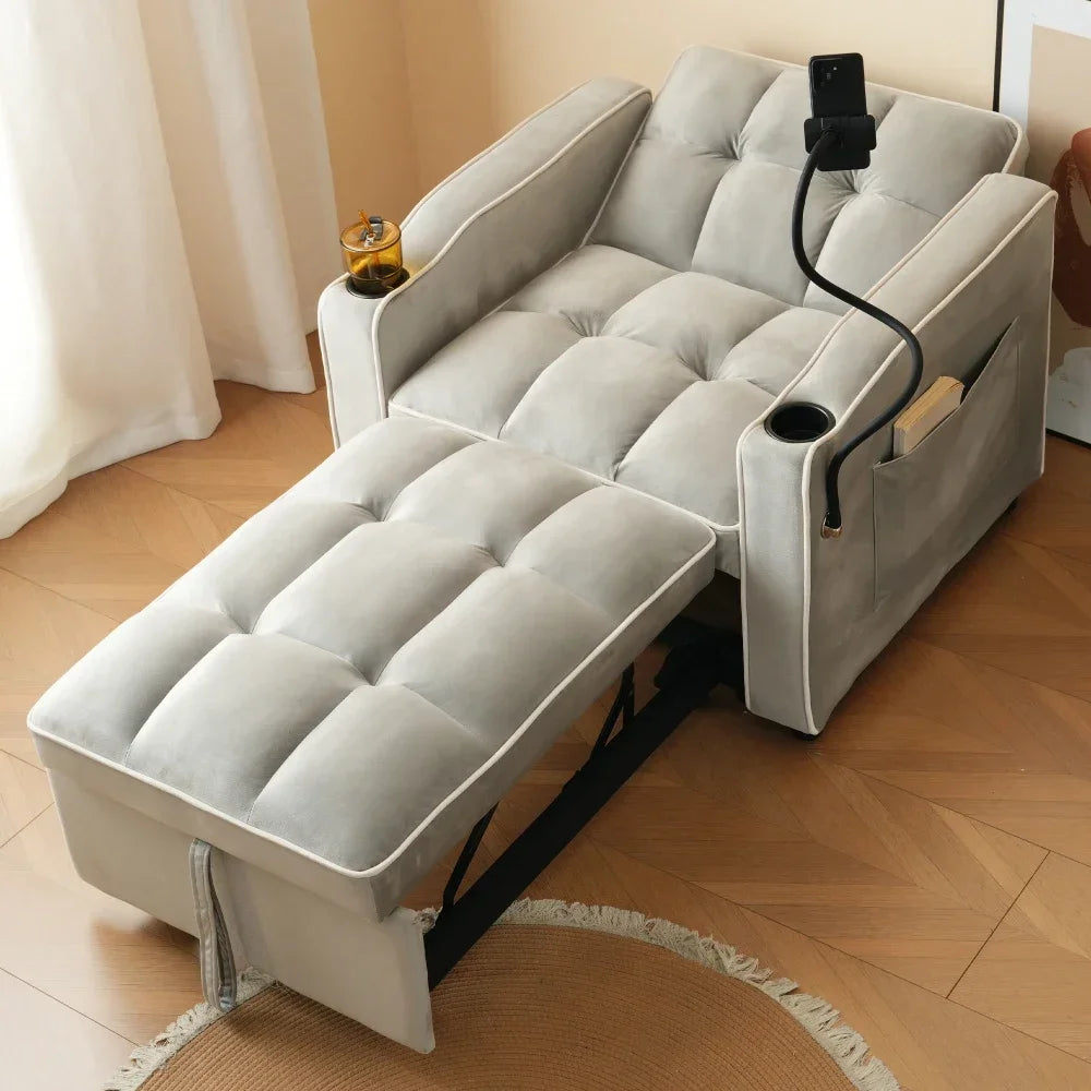 Fauteuil-Lit 3-en-1 Extractible – Chaise Longue Convertible Gain de Place avec Porte-Boisson
