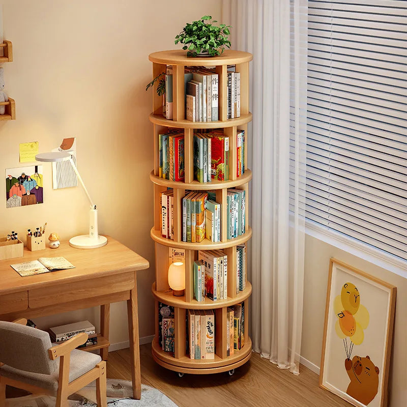 Bibliothèque Rotative 360° en Bois Massif – Étagère Mobile Gain de Place pour Coin & Chambre Enfant