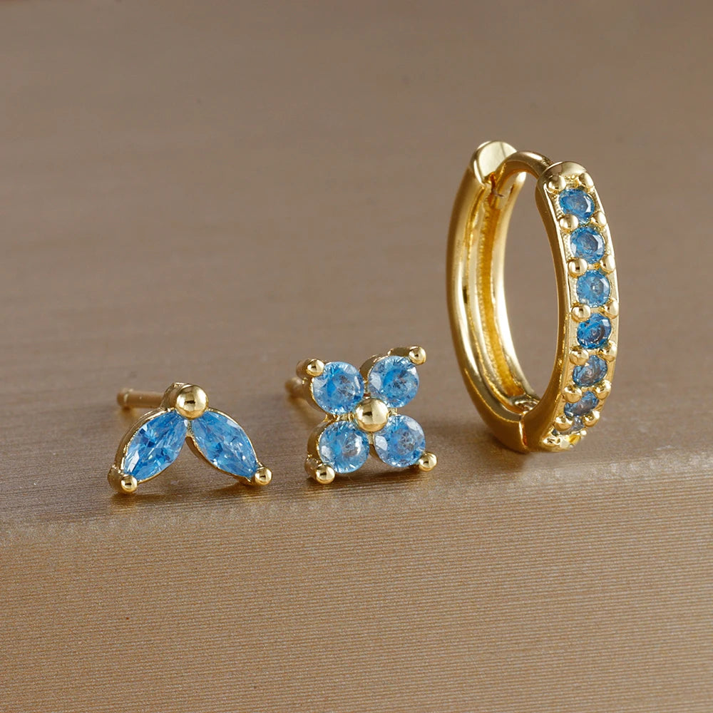 Set de 3 Boucles d’Oreilles Dorées en Acier Inoxydable – Créoles Cercle & Clou Fleur avec Zircon pour Femme