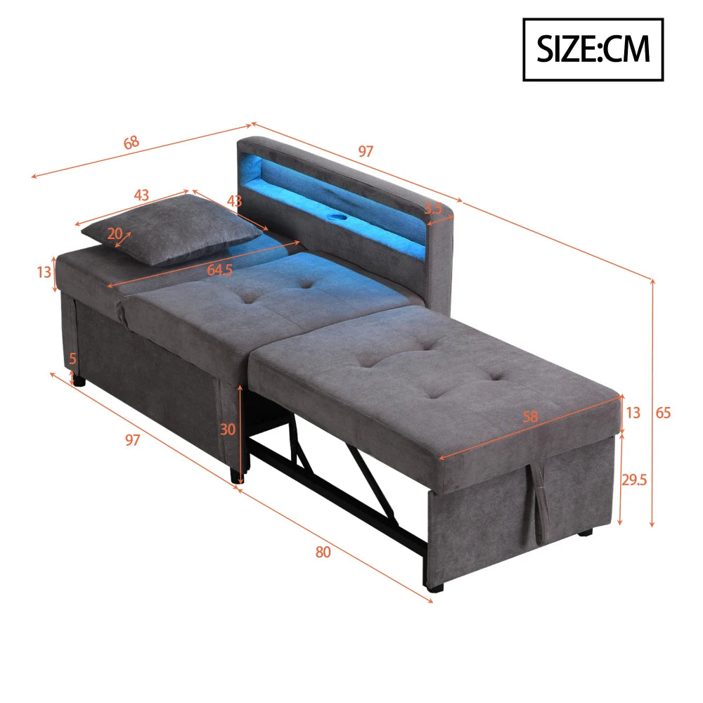 أريكة سرير من الكتان 3 في 1 - مسند ظهر قابل للتعديل مع مصابيح LED، مساند للذراعين + منافذ USB و Type-C، قابلة للتحويل لتوفير المساحة