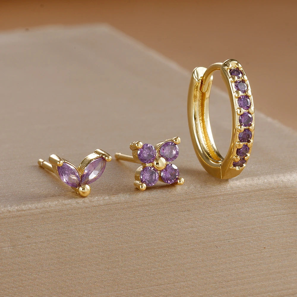 Set de 3 Boucles d’Oreilles Dorées en Acier Inoxydable – Créoles Cercle & Clou Fleur avec Zircon pour Femme