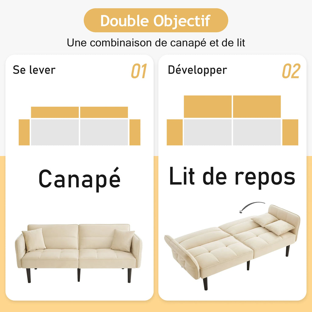 Canapé-Lit 2 Places Réglable 2-en-1 – Revêtement Velours, Accoudoirs Pliables & Fonction Couchage, Idéal Petits Espaces