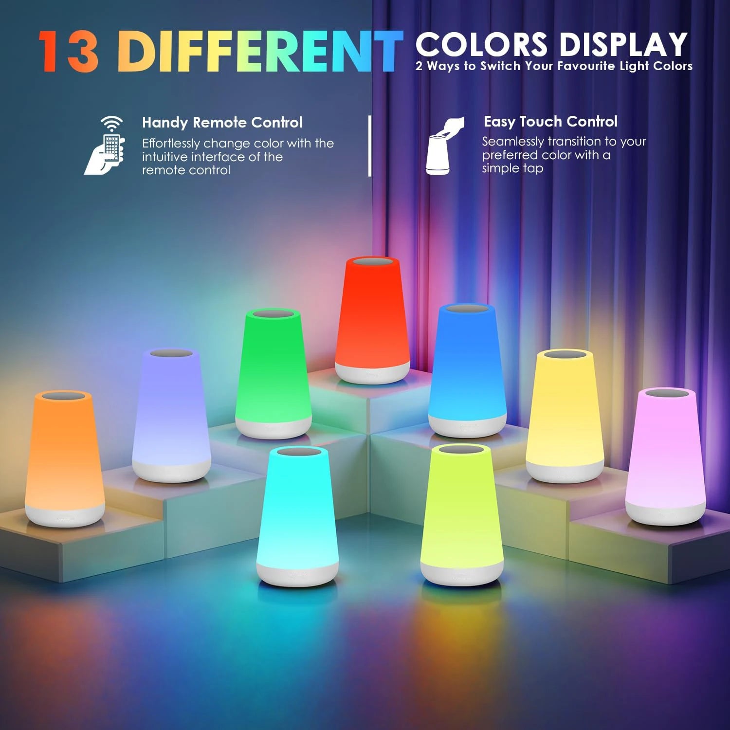 Lampe LED RGB Rechargeable 13 Couleurs – Tactile avec Télécommande, Intensité Réglable, Lampe de Chevet Portable