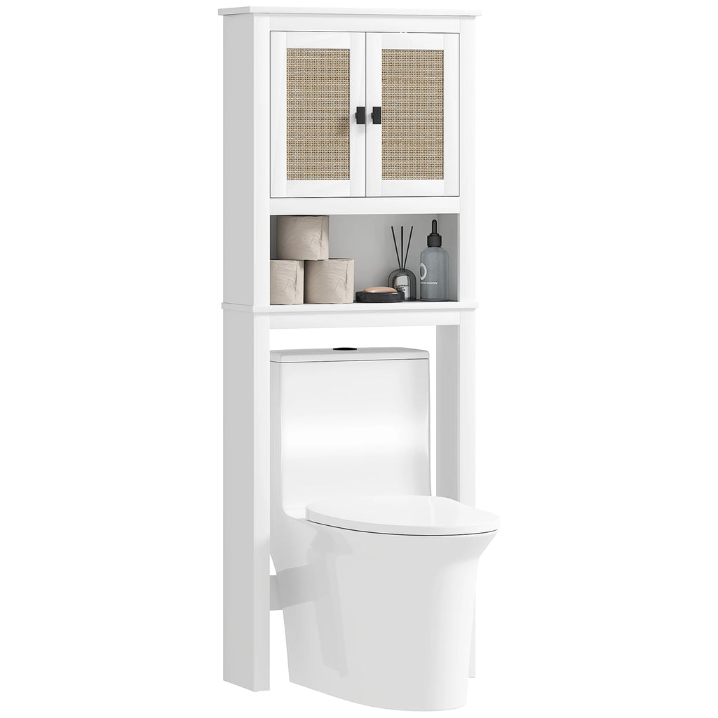Meuble WC avec 2 Portes – Armoire de Toilette Blanche avec Façade Effet Rotin