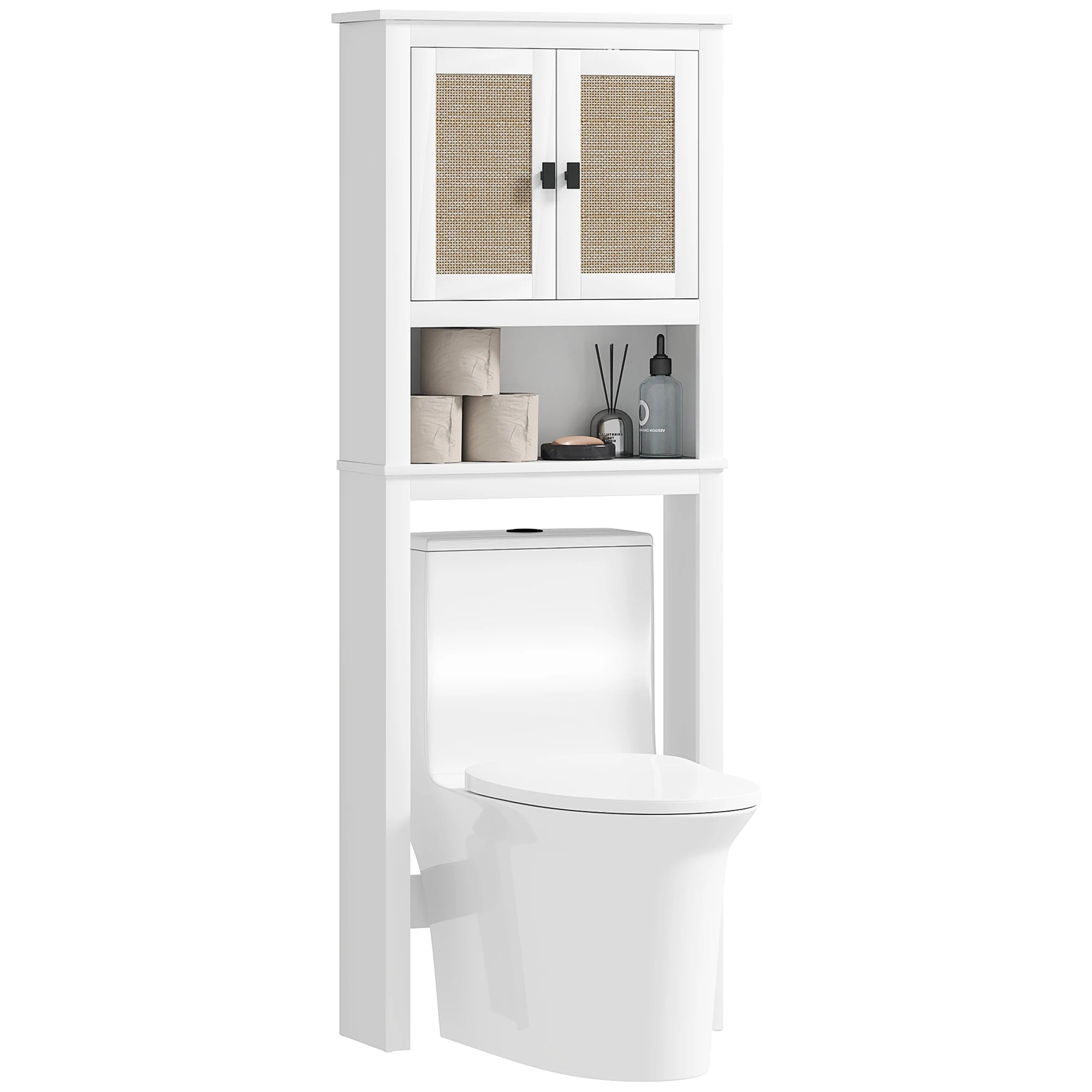 Meuble WC avec 2 Portes – Armoire de Toilette Blanche avec Façade Effet Rotin