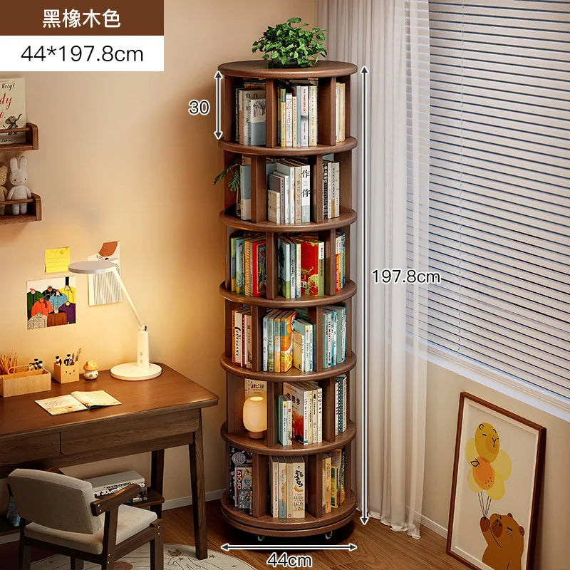 Bibliothèque Rotative 360° en Bois Massif – Étagère Mobile Gain de Place pour Coin & Chambre Enfant