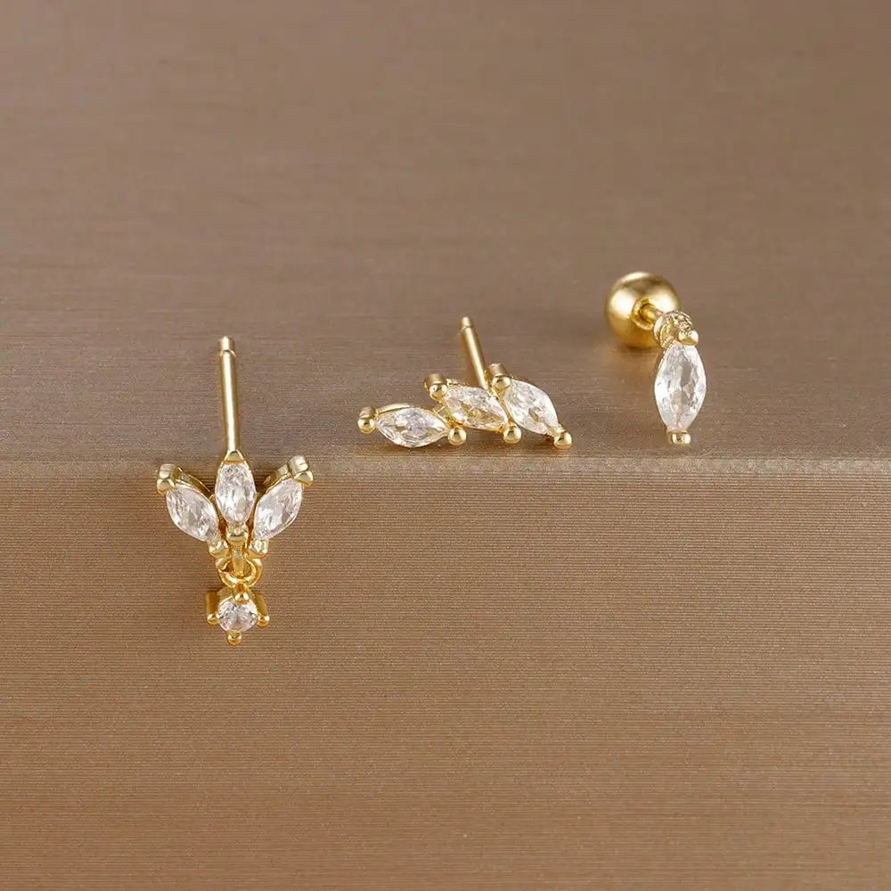 Set de 3 Boucles d’Oreilles Puces Couronne – Plaqué Or 14K avec Cristaux Zircon pour Femme