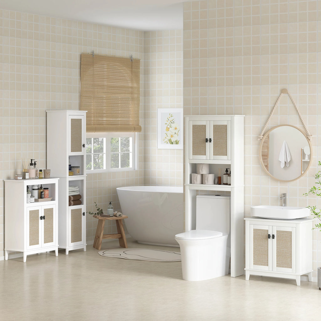 Meuble WC avec 2 Portes – Armoire de Toilette Blanche avec Façade Effet Rotin