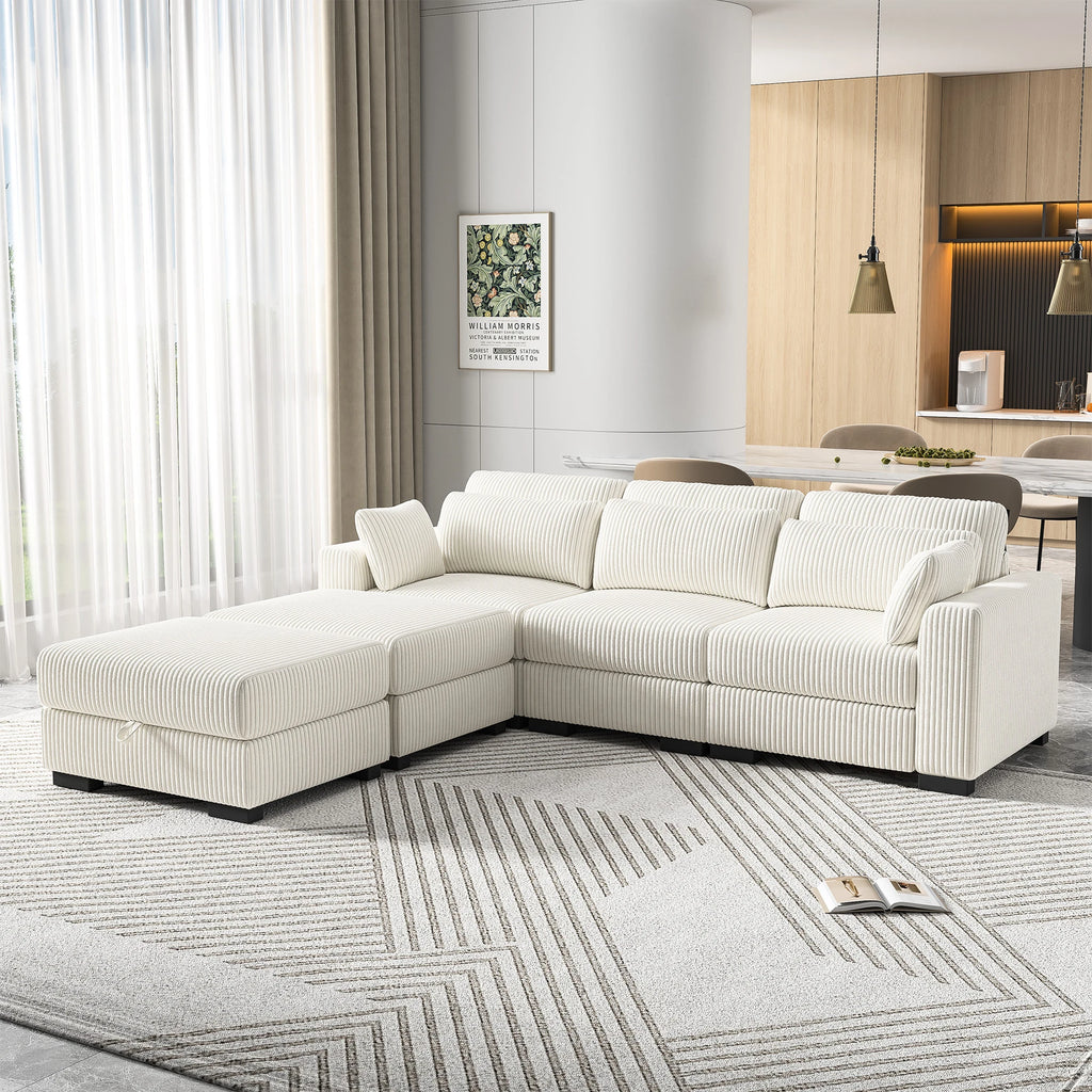 Modular Multi-Seater Sofa in Corduroy – High Resilience Seat, Mobile Footrest, Removable Cushions &amp; Integrated Storage
