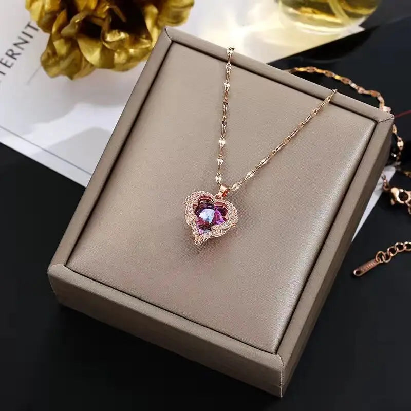 Collier Pendentif Cœur Cristal Coloré – Bijou Luxe en Acier Inoxydable 316L pour Femme