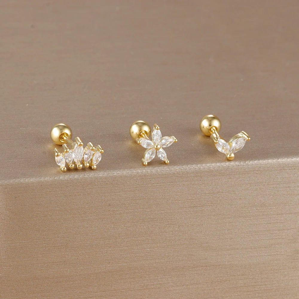 Set de 3 Boucles d’Oreilles Puces Couronne – Plaqué Or 14K avec Cristaux Zircon pour Femme