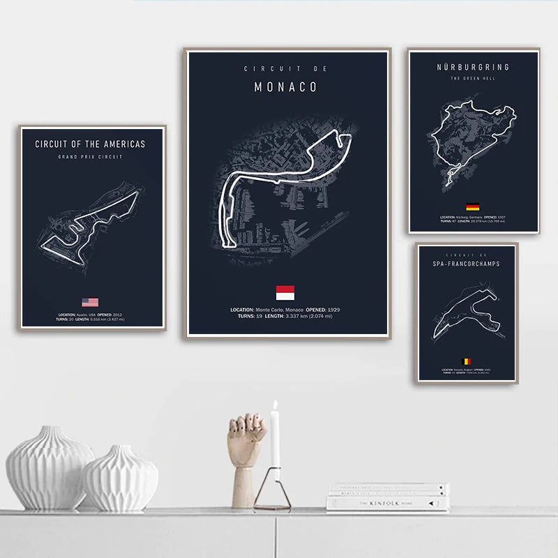Affiche Murale Motorsport Formule 1 – Illustration des Circuits d’Imola et Monaco, Style Nordique, Décoration Intérieure