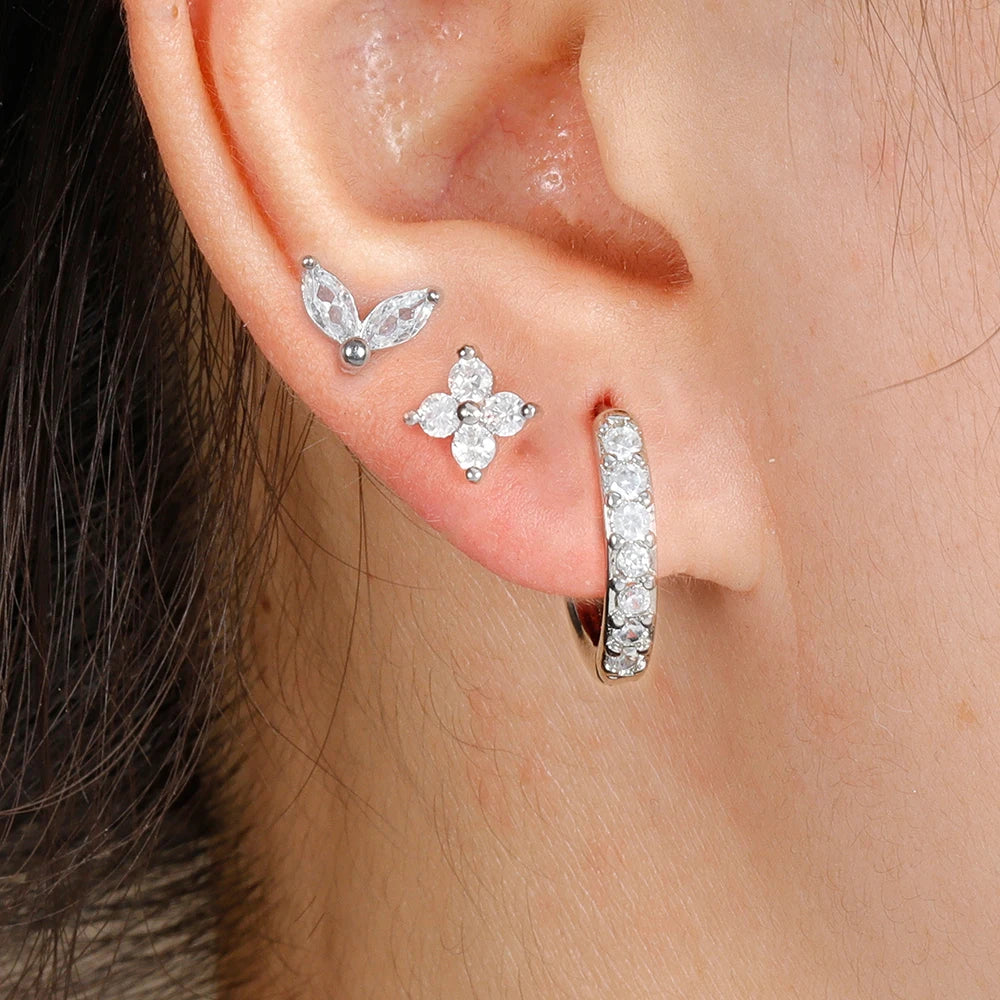 Set de 3 Boucles d’Oreilles Dorées en Acier Inoxydable – Créoles Cercle & Clou Fleur avec Zircon pour Femme