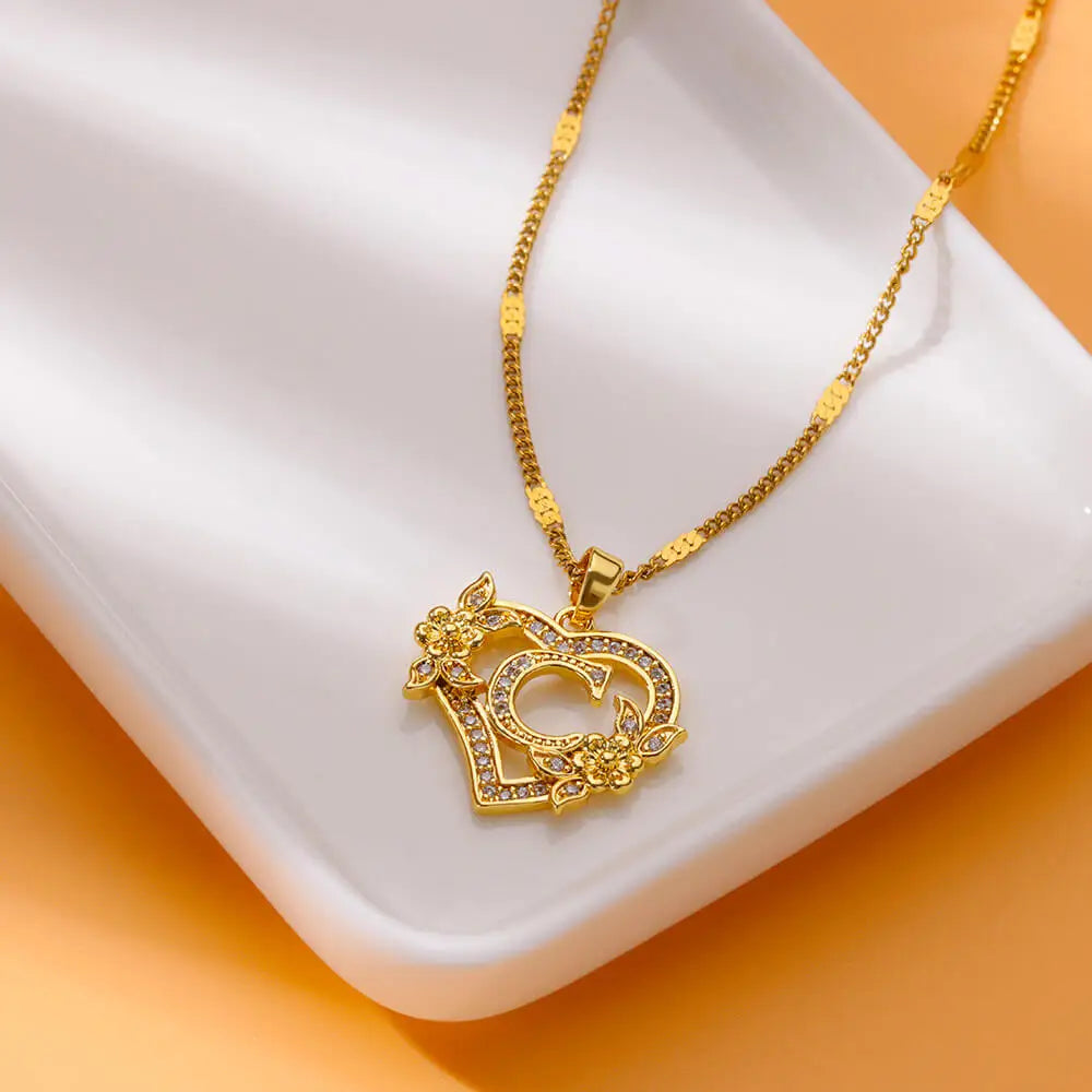 Initial Heart Flower Zircon Necklace – Gold Plated Stainless Steel, Elegant and Personalized Jewelry for Women