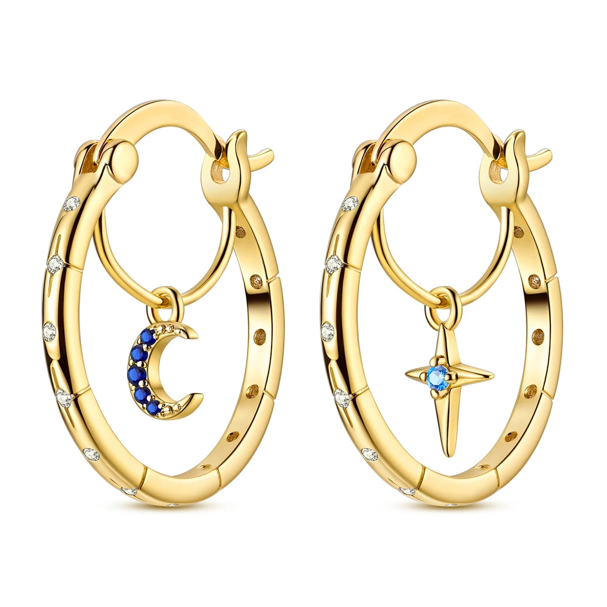 Boucles d’Oreilles Cercle en Argent 925 Plaqué Or – Motifs Soleil, Lune et Cœur pour Femme