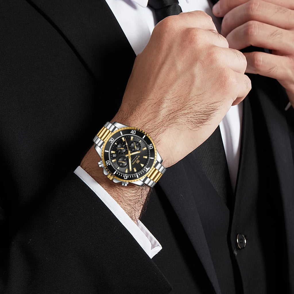 Montre Homme Quartz Multifonction – Style Diver Élégant, Chronographe & Bracelet Acier Inoxydable