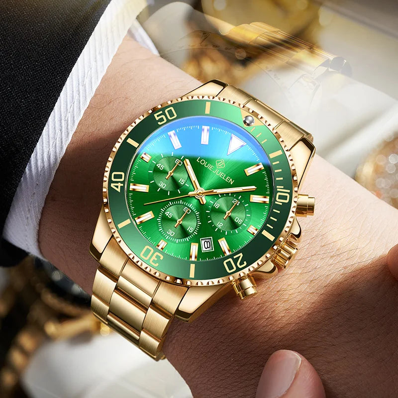 Montre Homme Style Submariner – Chronographe Vert Lumineux, Bracelet Acier Inoxydable (30 m)