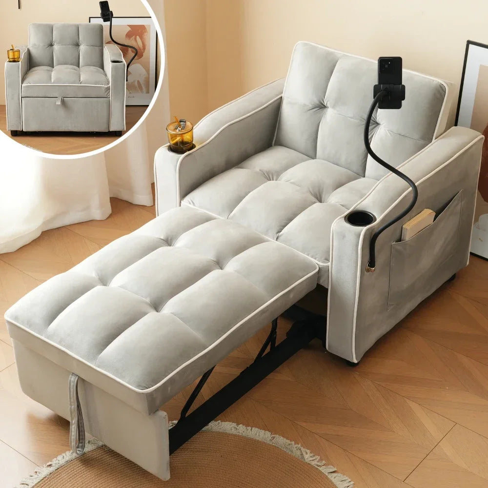 Fauteuil-Lit 3-en-1 Extractible – Chaise Longue Convertible Gain de Place avec Porte-Boisson