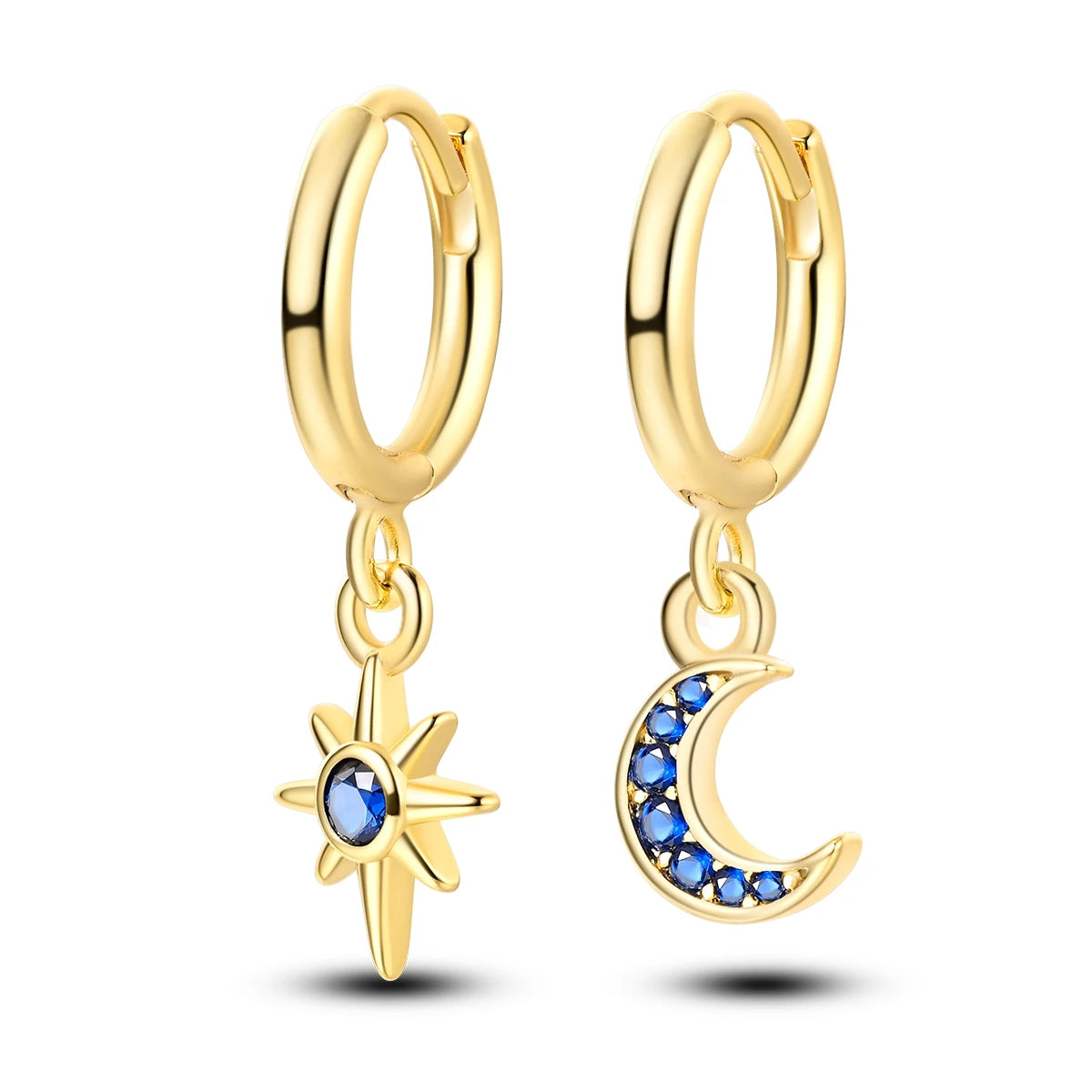 Boucles d’Oreilles Cercle en Argent 925 Plaqué Or – Motifs Soleil, Lune et Cœur pour Femme
