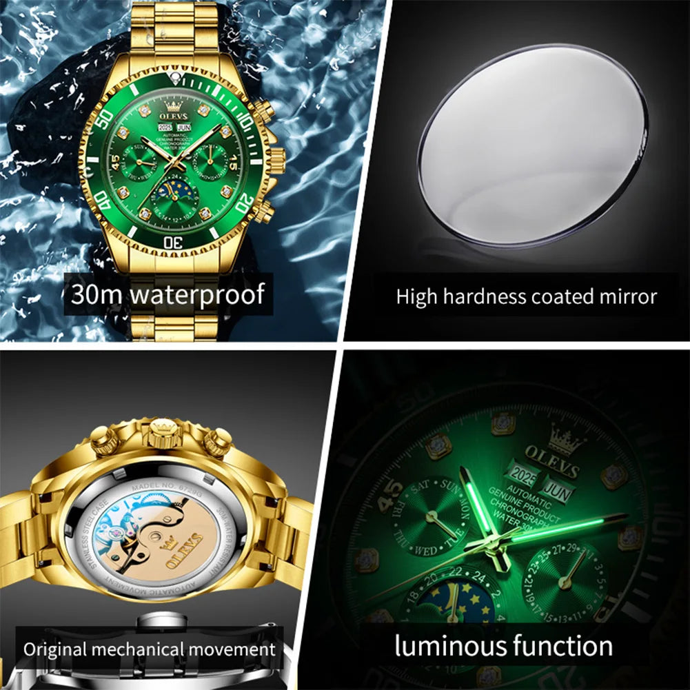 Montre Automatique Homme avec Phase de Lune – Affichage 24 Heures, Date & Aiguilles Lumineuses (30 m)