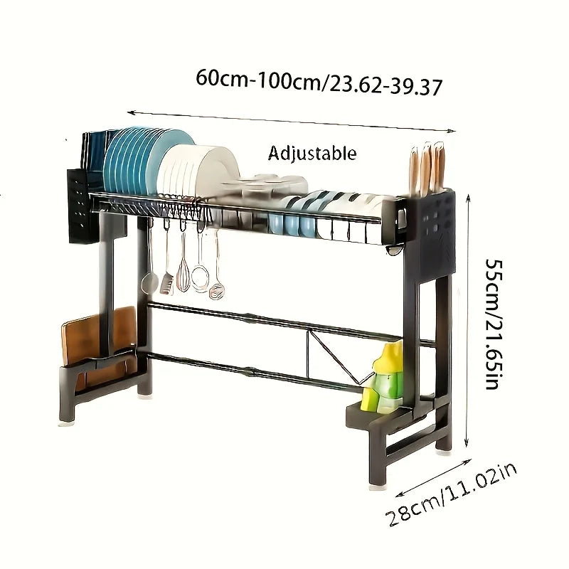 Égouttoir de Vaisselle Extensible 2 Niveaux en Métal Noir – Support Réglable avec Range-Couverts pour Évier