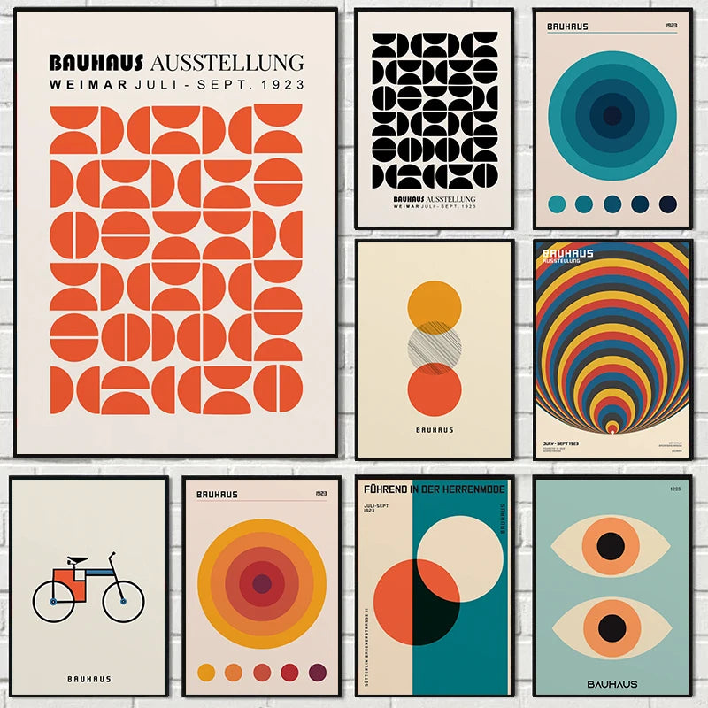 Affiche Murale Géométrique Abstraite Style Bauhaus – Illustration Moderne Orange avec Soleil et Vélo, Décoration Intérieure