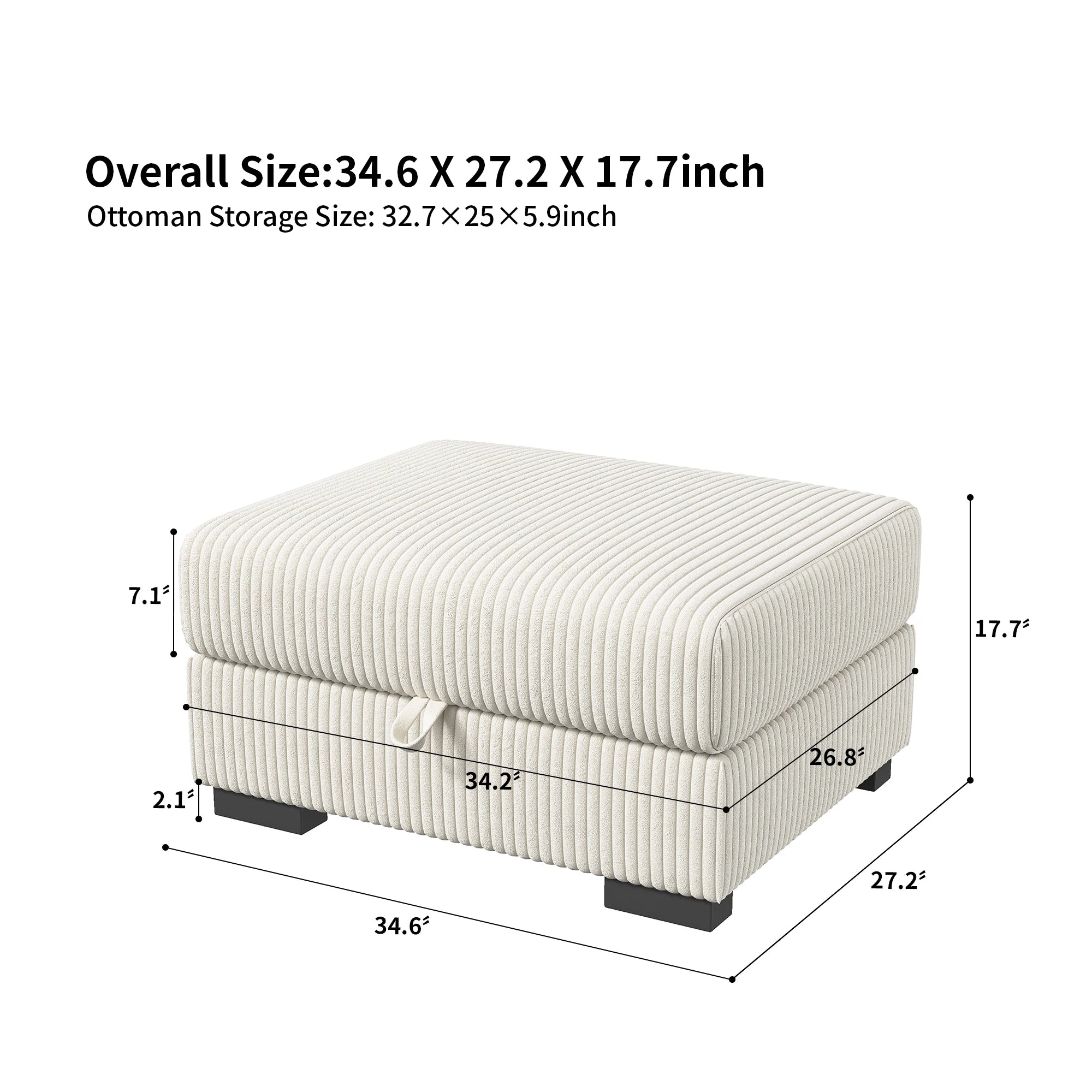 أريكة متعددة المقاعد قابلة للتعديل من قماش الكوردروي - مقعد عالي المرونة، مسند قدم متحرك، وسائد قابلة للإزالة ووحدة تخزين مدمجة
