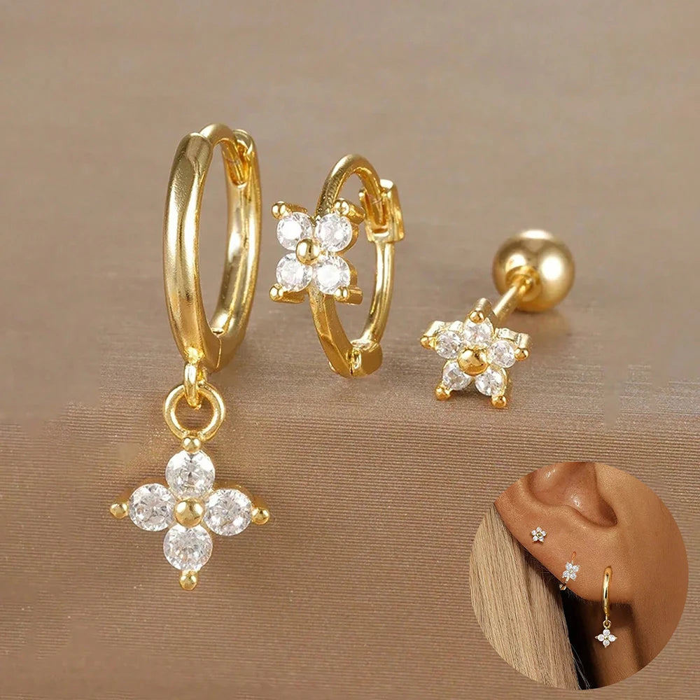 Set de 3 Boucles d’Oreilles Puces Couronne – Plaqué Or 14K avec Cristaux Zircon pour Femme