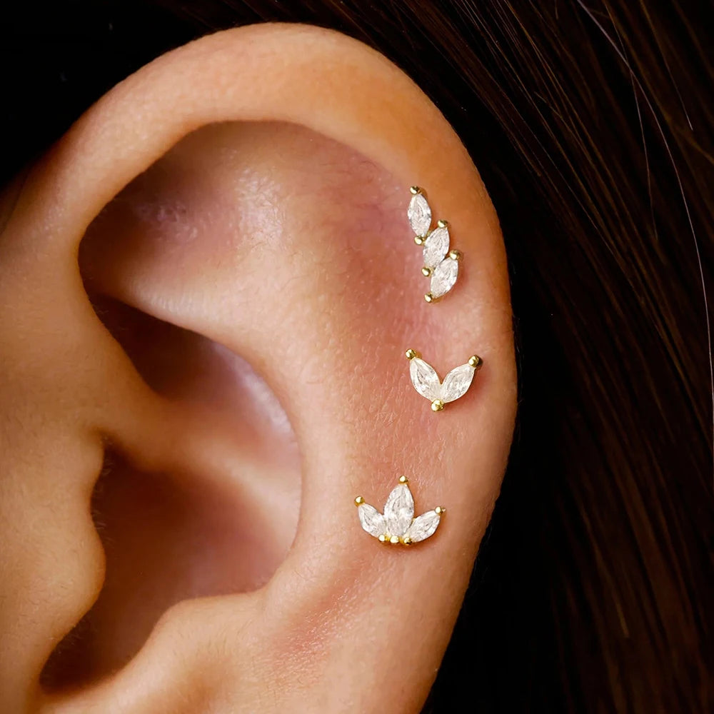 Set de 3 Boucles d’Oreilles Puces Couronne – Plaqué Or 14K avec Cristaux Zircon pour Femme