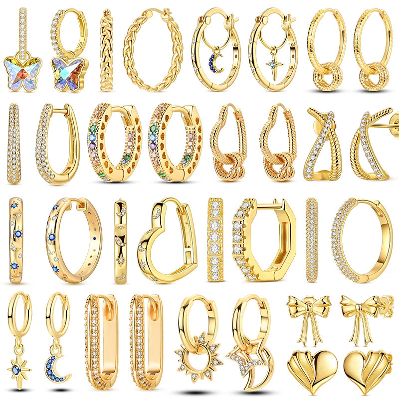 Boucles d’Oreilles Cercle en Argent 925 Plaqué Or – Motifs Soleil, Lune et Cœur pour Femme