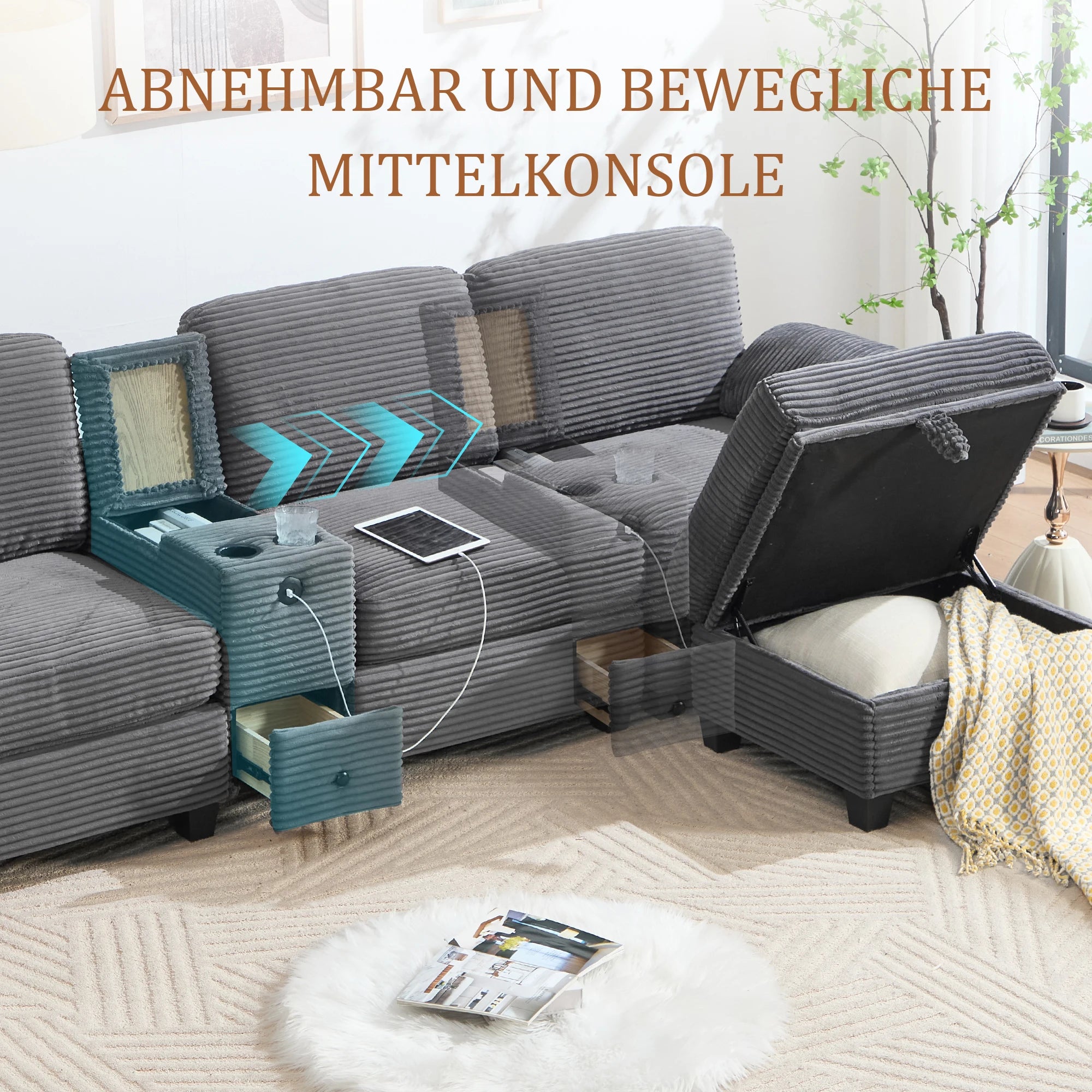 Canapé Large en Tissu Cordé – Mousse Confort, Console Centrale Amovible (2 Porte-Gobelets + Rangement) + Port USB-C & Poche Latérale