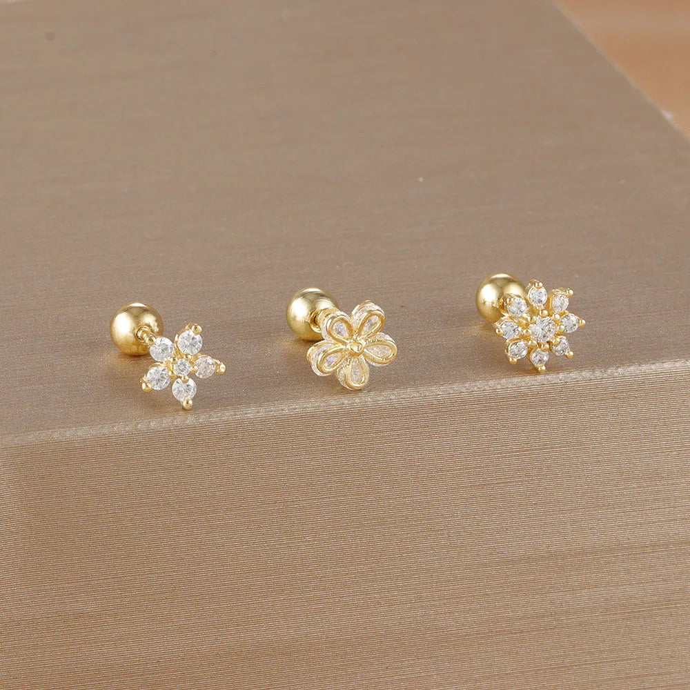 Set de 3 Boucles d’Oreilles Puces Couronne – Plaqué Or 14K avec Cristaux Zircon pour Femme
