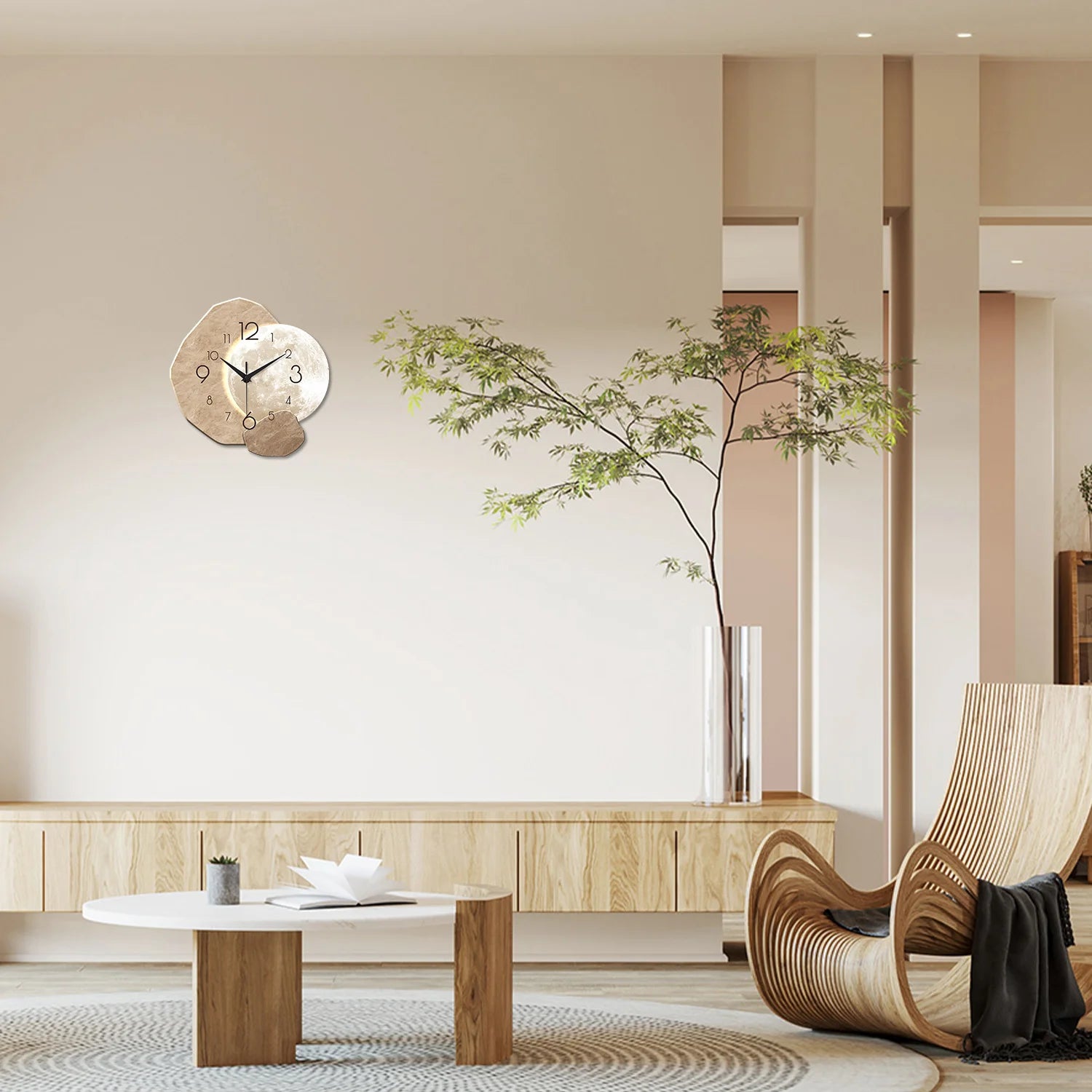 Horloge Murale Silencieuse Moderne – Design Lune, Mouvement Quartz, Bois Naturel pour Salon, Chambre ou Bureau