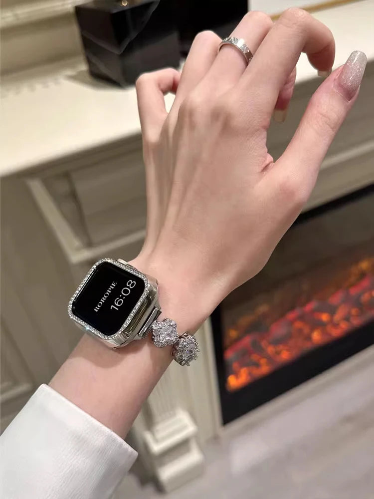 Bracelet Luxe Strass pour Apple Watch – Bracelet Métal Élégant Femme