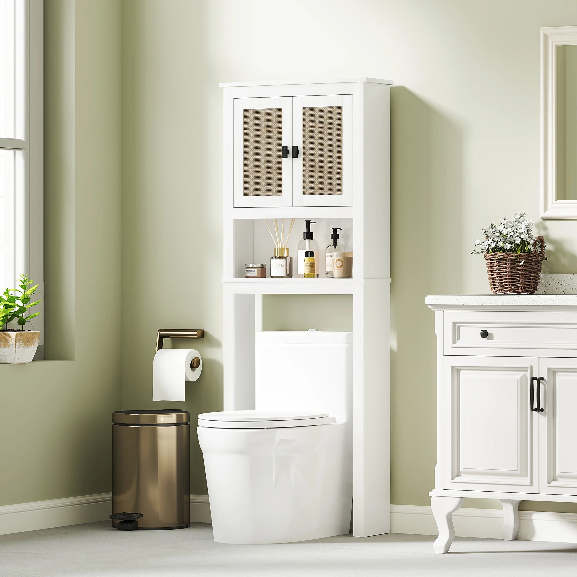 Meuble WC avec 2 Portes – Armoire de Toilette Blanche avec Façade Effet Rotin