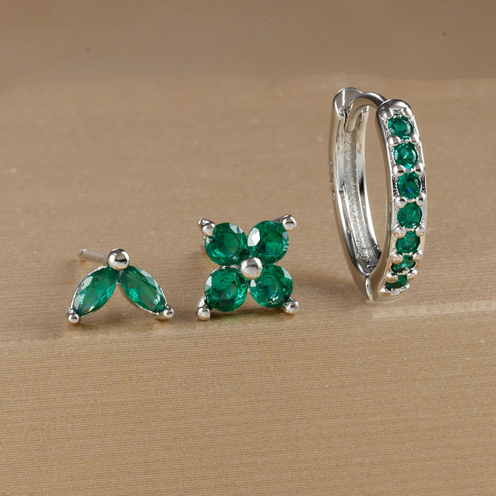 Set de 3 Boucles d’Oreilles Dorées en Acier Inoxydable – Créoles Cercle & Clou Fleur avec Zircon pour Femme