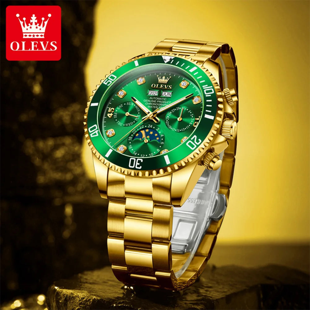 Montre Automatique Homme avec Phase de Lune – Affichage 24 Heures, Date & Aiguilles Lumineuses (30 m)