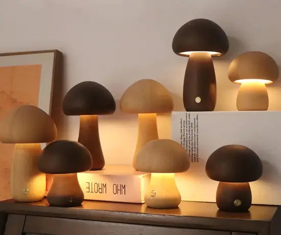 Lampe de Chevet Champignon en Bois - Éclairage LED Doux et Décoratif