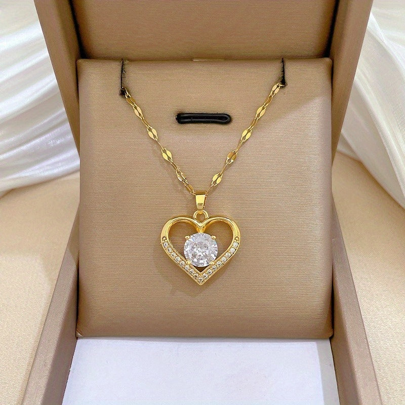 Collier Cœur Élégant Plaqué Or 18K en Acier Inoxydable avec Zircon Brillant – Bijou Femme Chic, Idée Cadeau