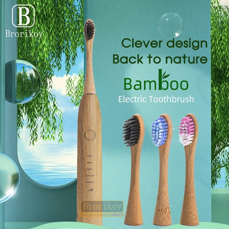 Brosse à dents électrique en bambou – Écologique et rechargeable avec 3 têtes souples