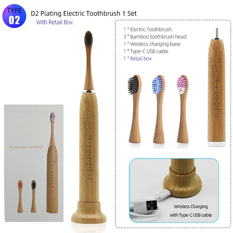 Brosse à dents électrique en bambou – Écologique et rechargeable avec 3 têtes souples