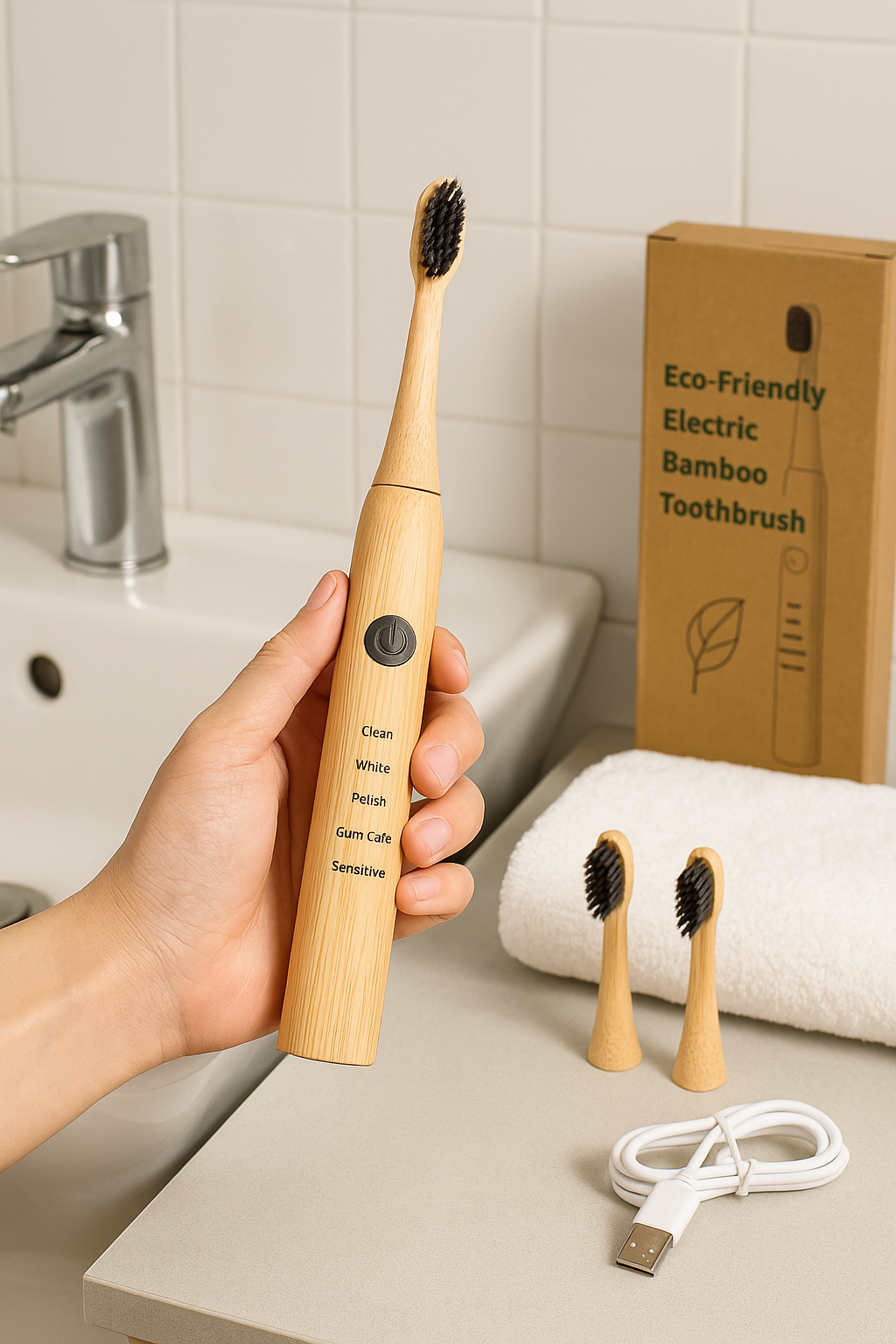 Brosse à dents électrique en bambou – Écologique et rechargeable avec 3 têtes souples