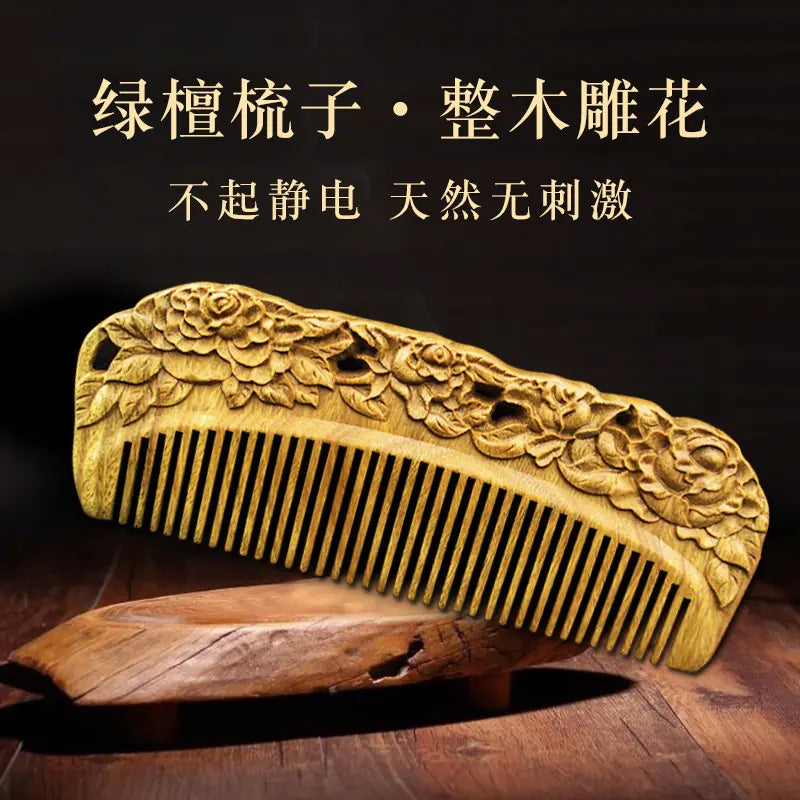 Ensemble de Peignes Double Face Sculptés en Bois de Santal Vert - Vente en Gros
